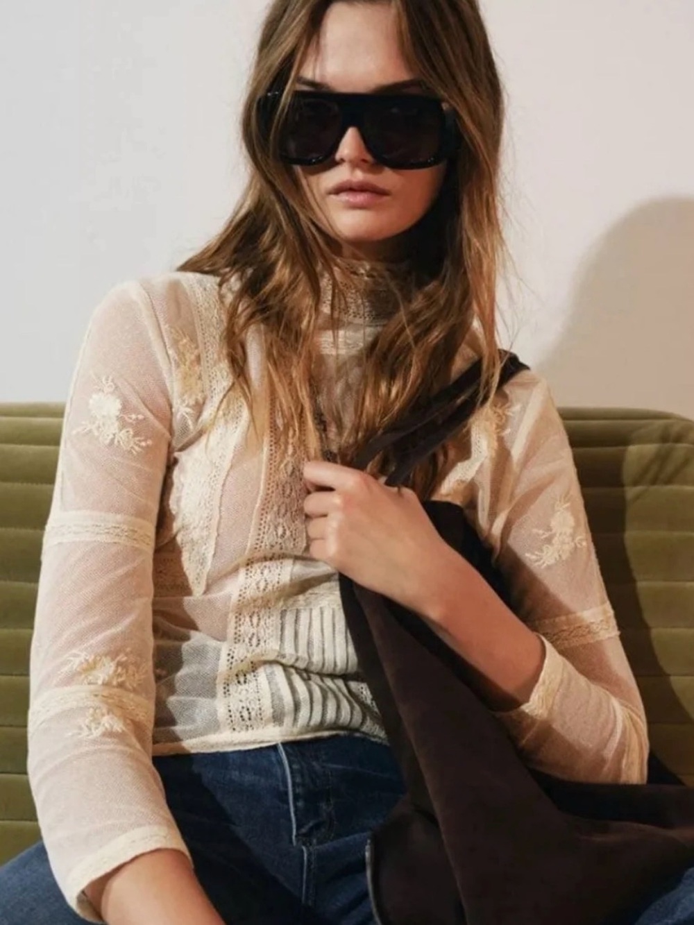 Zara Cream Sheer Lace Long-Sleeve Tee